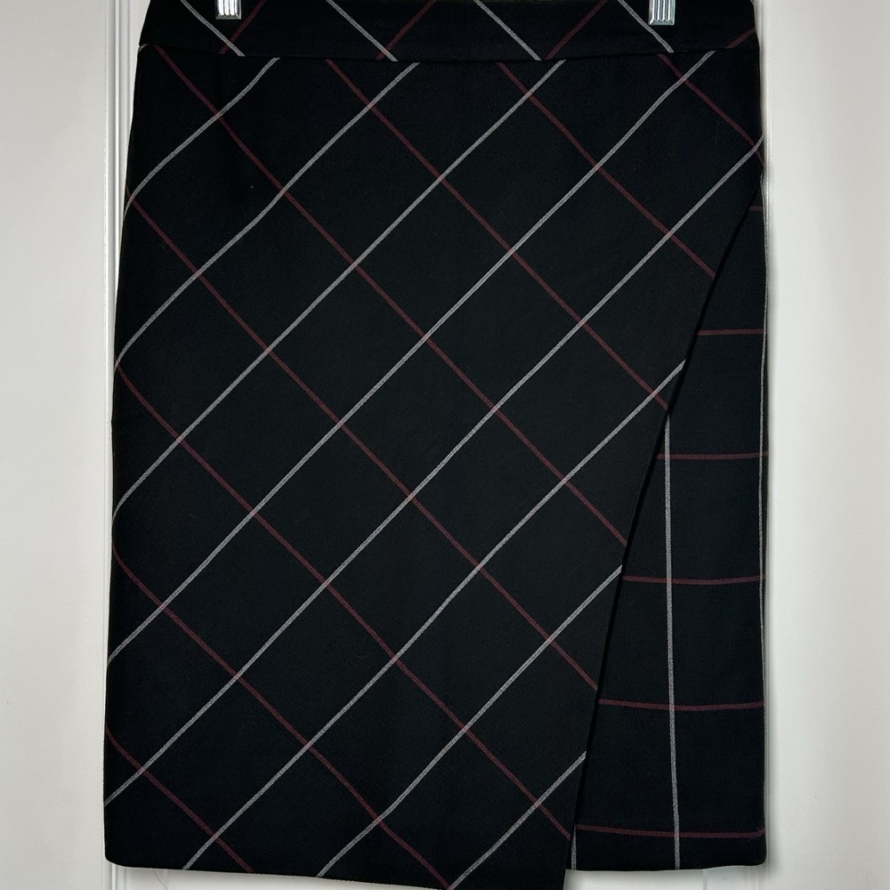 Jasmine & Juliana Black Burgundy White Diagonal Windowpane Plaid Wrap Midi Skirt